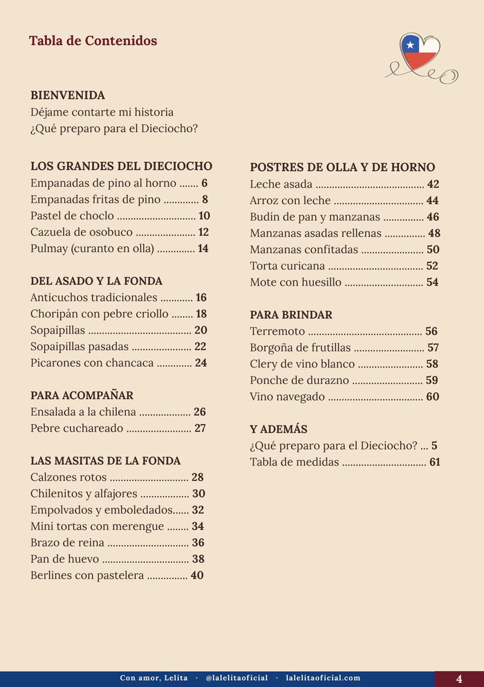 Las 31 recetas, con la página de cada una