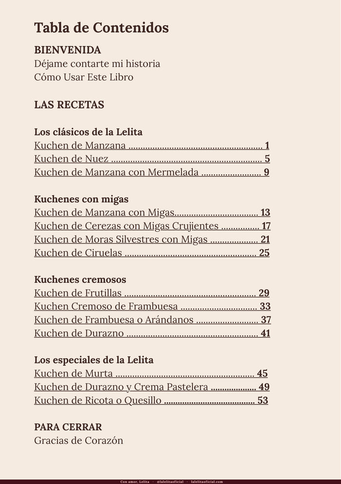 Los 14 kuchenes, con la página de cada uno