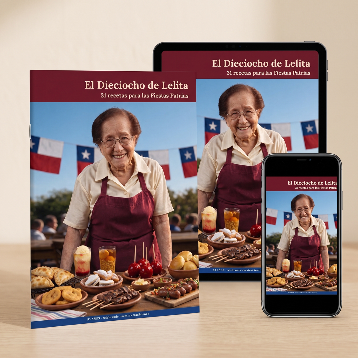 El recetario El Dieciocho de Lelita en libro impreso, tablet y telefono